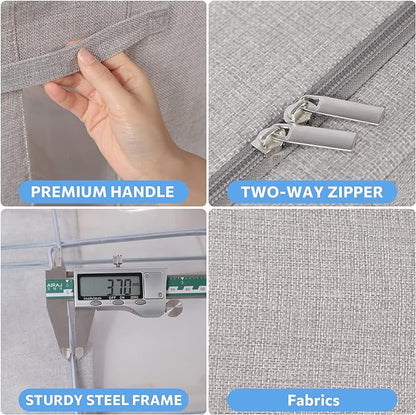 CYhom 2Pack Extra Large Clothes Storage Bins Box - Linen Fabric Foldable Stackable Container Organizer Set with Clear Window & Carry Handles & Metal Frame (Light Grey, Extra Large-100L)