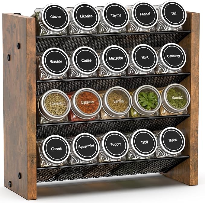 NESAPTO Spice Rack Organizer for Cabinet, Wood 4-Tier Vertical Seasoning Organizer, Wall Mount or Countertop Spice Shelf, Holds 20 Jars (No Jars Included), 10.3" W x 9.4" H