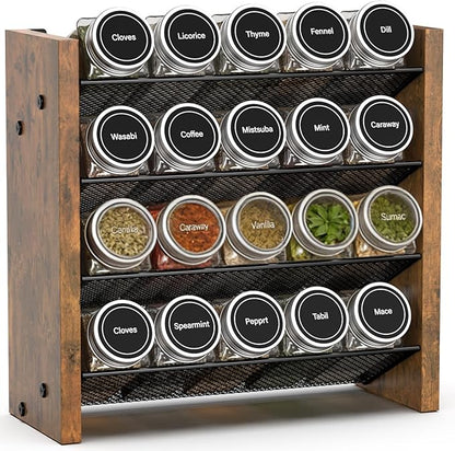 NESAPTO Spice Rack Organizer for Cabinet, Wood 4-Tier Vertical Seasoning Organizer, Wall Mount or Countertop Spice Shelf, Holds 20 Jars (No Jars Included), 10.3" W x 9.4" H