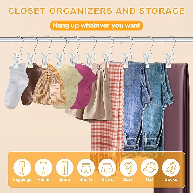 20 Pack Trouser Hangers w/Rubber Coated, Portable Hanger Clips for Travel, Leggings Organizer for Closet Space Saving, Holds Hats Boots Skirts Shorts Jeans (White)