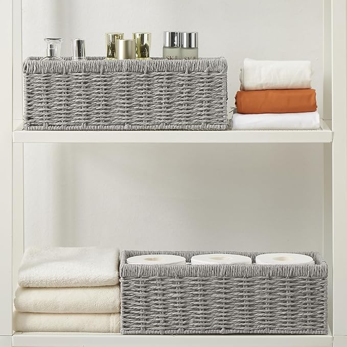 Vagusicc Wicker Storage Basket, Paper Rope Wicker Baskets with Handles, Toilet Paper Basket for Toilet Tank Top, Small Wicke Baskets for Organizing Shelves, 2-Pack, Grey