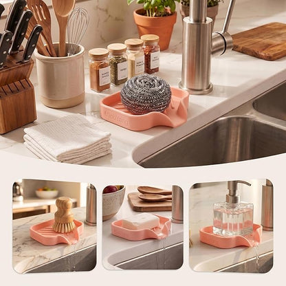 MicoYang Silicone Bathroom Soap Dishes with Drain Spout-Bathroom and Kitchen Sink Organizer,Sponge Holder,Dish Soap Tray,Perfect for Dispenser,Scrubber,Bottle,Cup on Sink or Counter-Pink 4.9"×3.2"
