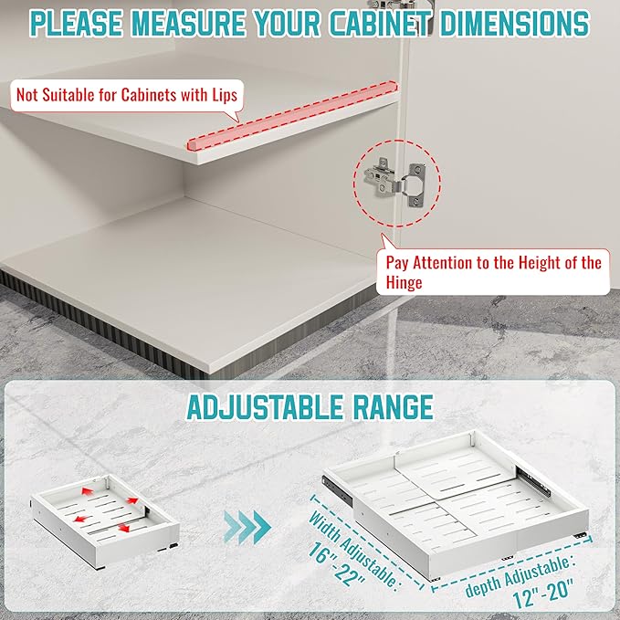 Pull Out Cabinet Organizer, Adjustable Width 16"-22" & Depth 12"-20", No Drill, for Kitchen, Pantry, Bathroom, White