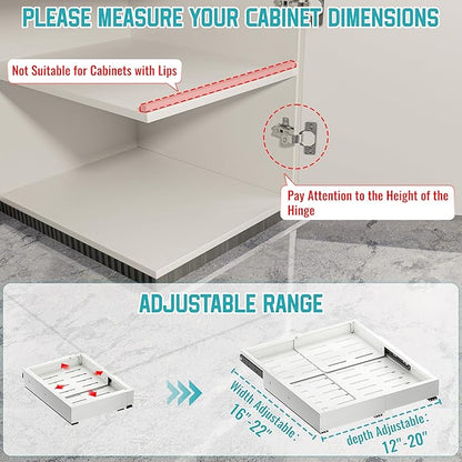 Pull Out Cabinet Organizer, Adjustable Width 16"-22" & Depth 12"-20", No Drill, for Kitchen, Pantry, Bathroom, White