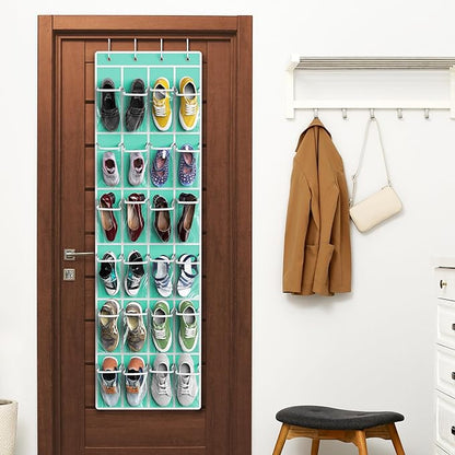 Simple Houseware 24 Pockets - Crystal Clear Over The Door Hanging Shoe Organizer, Turquoise (64'' x 19'')