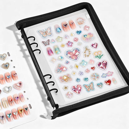 18PCS Press On Nail Organizer Clear Empty Press on Nail Packaging Set with 8 Insert Pages,8 nail double tape and 1 Zipper Pocket for Fake Nail Storage Nail Art Salon (black)