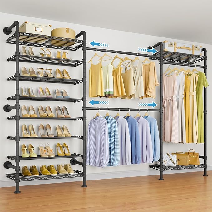 Timate S3 Wall Mounted Closet Organizer with Expandable Hanger Rods (24" to 36"), Heavy Duty Clothes Racks Industrial Wardrobe System with 8-Tier Shelves for Shoe Storage, Max Load 1050lbs, Black