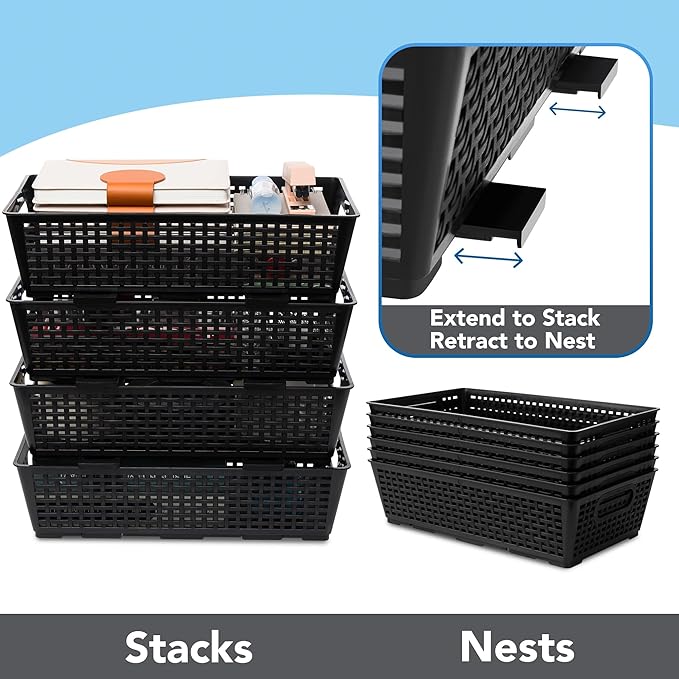 Tiawudi Stackable Woven Plastic Basket, Storage Bins for Cabinet, Closet, Shelf, Under Sink and Countertop, Pantry Organizer Bins, 6 Pack