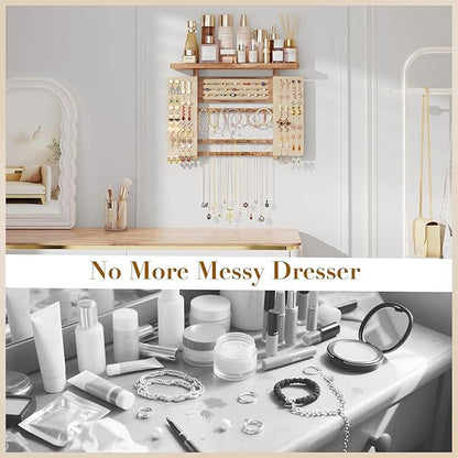 Emfogo Jewelry Organizer Hanging Wall Mounted Jewelry Holder, 5-in-1 Large Capacity Necklace Organizer Display for Ring, Necklaces, Bracelets, Earrings (Rustic Wood)