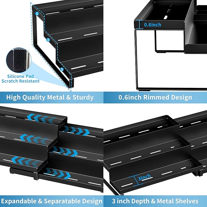 BOIVSHI Spice Rack Organizer for Cabinet, Expandable 3 - Tiered Spice Rack, Metal Spice Organizer, Spice Shelf Organizer for Cabinet, Countertop, Pantry, Cupboard, Black