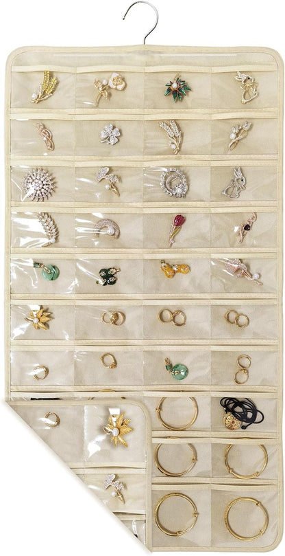 2 PACK(Total 160 Pockets) Hanging Jewelry Organizer with Hanger Metal Hooks Storage On Wall Door Closet Double-Sided(Each Side 40 Pockets) Jewelry Holder for Earrings, Necklaces, Rings (2 Pcs Beige)