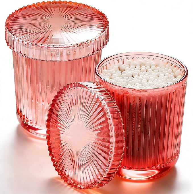 Glass Qtip Dispenser 2 Pack, Clear Bathroom Storage Organizer for Cotton Swabs, Balls, Pads & Floss Picks, Vanity Makeup Essential Accessories (Pink)