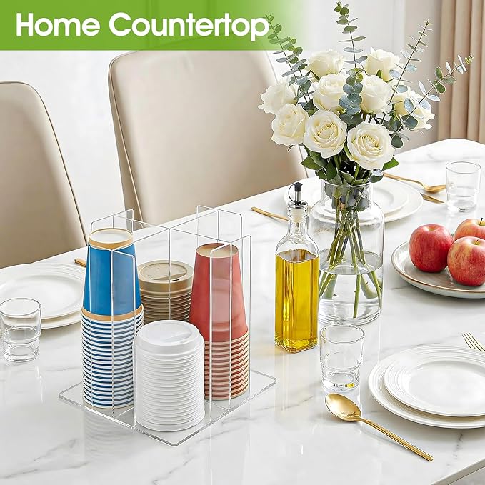 Cup and Lid Holder, 4-Compartment Clear Acrylic Cup Dispenser Lid Carousel - Countertop Coffee Cups Organizer for Restaurant, Buffet, Coffee Station, Bar, Square | Rotating