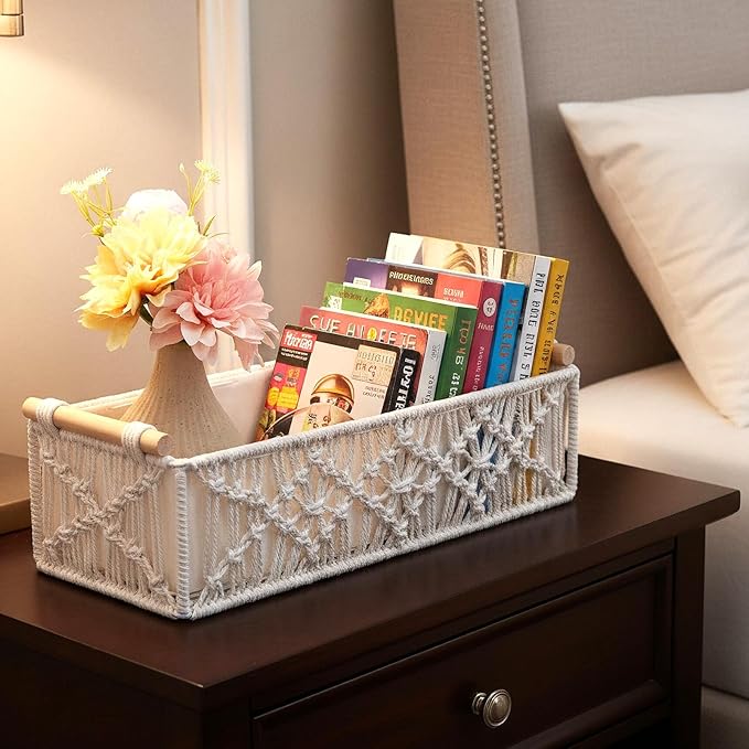 2 Pack Macrame Storage Baskets, Boho Decor Baskets Woven Storage Boxes for Organization Countertop Toilet Paper Basket for Home Decor Bedroom Nursery Livingroom Entryway, White