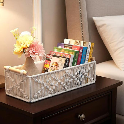 2 Pack Macrame Storage Baskets, Boho Decor Baskets Woven Storage Boxes for Organization Countertop Toilet Paper Basket for Home Decor Bedroom Nursery Livingroom Entryway, White