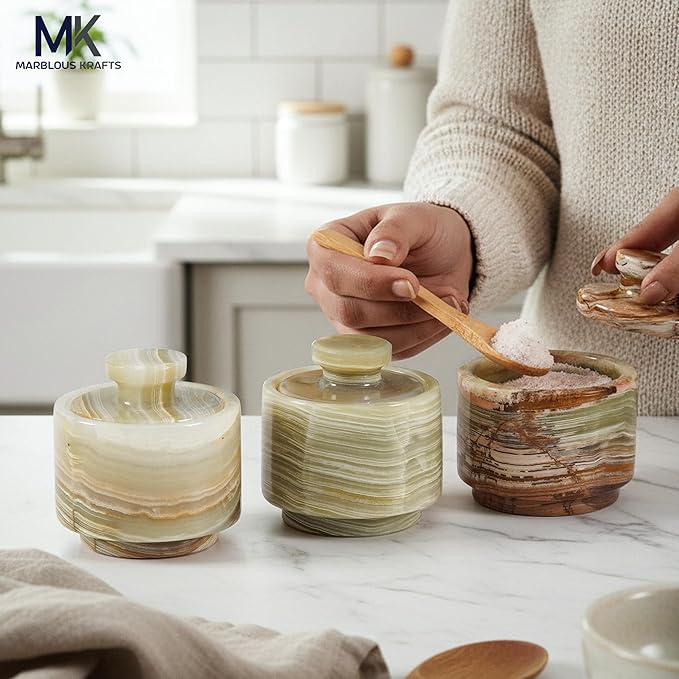 MARBLOUS KRAFTS Marble Salt Cellar with Lid 3" Inch Green Salt Jar & Table Salt Storage For Kitchen Countertop, Ideal Mother’s Day Gift for Mom, Salt Container, Salt Dish & Sugar Bowl For Table