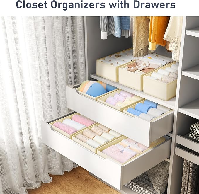 DIMJ Drawer Organizer Clothes - Underwear Organizer Small Sock Organizer Closet Organizers and Storage Box Dresser Drawer Dividers for Baby Clothes, Bra, Socks, Belt, Tie, Set of 9, Beige