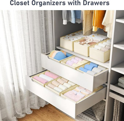 DIMJ Drawer Organizer Clothes - Underwear Organizer Small Sock Organizer Closet Organizers and Storage Box Dresser Drawer Dividers for Baby Clothes, Bra, Socks, Belt, Tie, Set of 9, Beige
