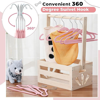 Weysat 12 Pcs Pink Dog Clothes Hangers 11'' Non-Slip & 360° Swivel Velvet Small Pet Hangers for Cats/Dogs with Rustproof Metal Hooks, Space-Saving for Home Storage & Grooming Salons Minimalism