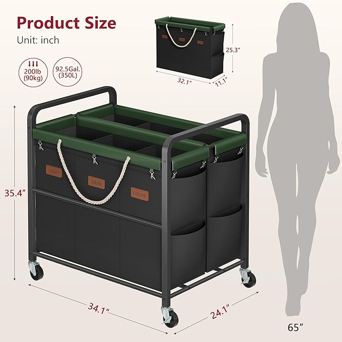 Tajsoon 350L Extra Large Laundry Sorter 6 Section, Heavy Duty Laundry Basket with Lockable Wheels, Laundry Cart with Sturdy Metal Frame, Leather Patchwork Laundry Separated with Removable Bags, Black