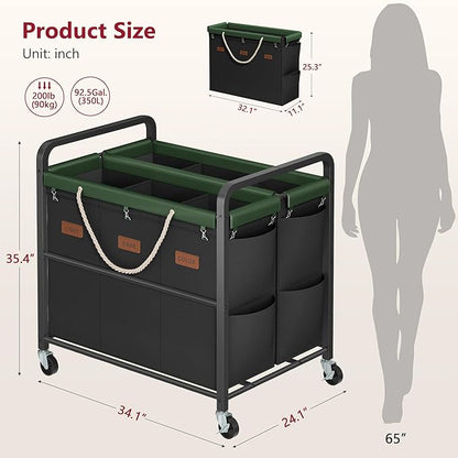 Tajsoon 350L Extra Large Laundry Sorter 6 Section, Heavy Duty Laundry Basket with Lockable Wheels, Laundry Cart with Sturdy Metal Frame, Leather Patchwork Laundry Separated with Removable Bags, Black