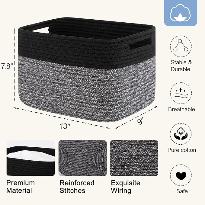 4 Pack Storage Baskets for Organizing, Woven Baskets for Shelves - Perfect for Toys, Books, Towels, and Clothes, Durable Gift Basket Bins Toy Storage, 12.7''Lx9''Wx7.8''H, Dark Grey and Black