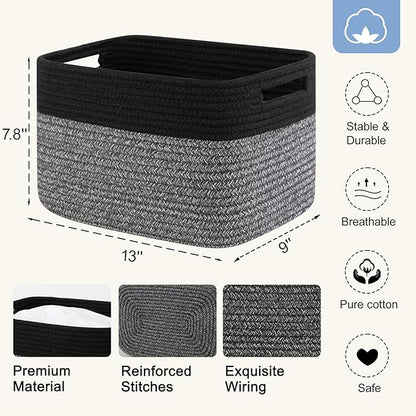 4 Pack Storage Baskets for Organizing, Woven Baskets for Shelves - Perfect for Toys, Books, Towels, and Clothes, Durable Gift Basket Bins Toy Storage, 12.7''Lx9''Wx7.8''H, Dark Grey and Black