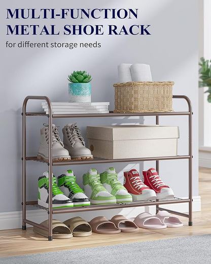 Kitsure Shoe Rack - Stainless Steel Shoe Organizer, Sturdy Shoe Rack for Closet and Front Door Entrance, Free Standing Shoe Shelf, Closet Organizers and Storage, 25.6" Wide - 3 Tier, Brown
