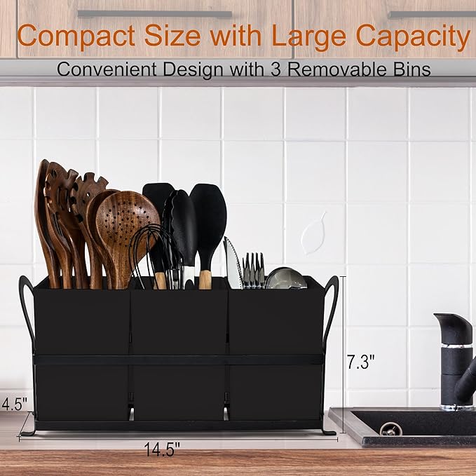 Czlizdyt Large Kitchen Utensil Holder, Drainage Utensil Caddy for Countertop, 3pcs Bins Set Cooking Utensil Organizer for Spoons, Spatulas, Black