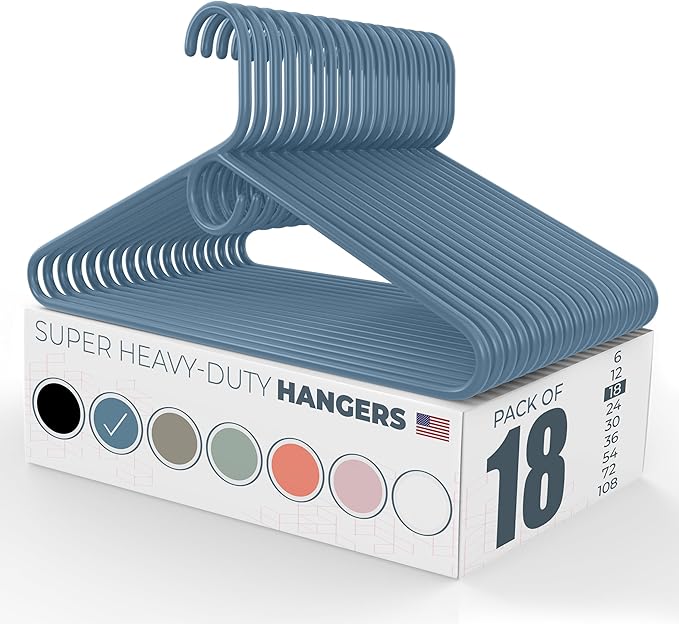 Super Heavy Duty Clothes Hangers 18 Pack – Made in the USA - 10lb Capacity, Thick Plastic Hangers for Pants, Coats, Jackets, Jeans and Adult Clothing – Blue