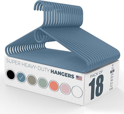 Super Heavy Duty Clothes Hangers 18 Pack – Made in the USA - 10lb Capacity, Thick Plastic Hangers for Pants, Coats, Jackets, Jeans and Adult Clothing – Blue