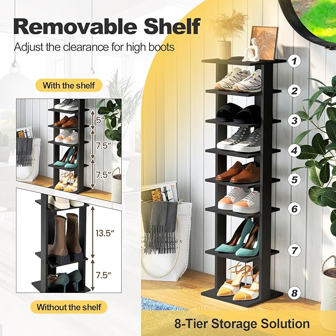 BETTARY 8 Tier Vertical Shoe Rack, Narrow Wooden Corner Shoe Organizer for Small Spaces, Removable Shelves, Anti-toppling Device, Shoe Tower for Entryway, Closet, Bedroom (Black, Single Row)