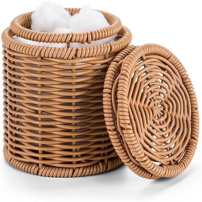 Canister, Cotton Swab Holder with Lid, RattanJars,High Capacity Qtip Holder Storage for Floss Picks,Cotton Swab,Makeup Pad