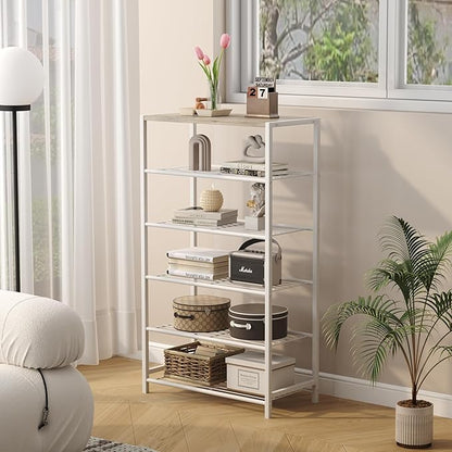 HOMEFORT Shoe Rack 6-Tier, Shoe Storage Shelf, Industrial Shoe Tower, Narrow Shoe Organizer for Closet Entryway, Small Shoe Rack Table with Durable Metal Shelves,White Oak