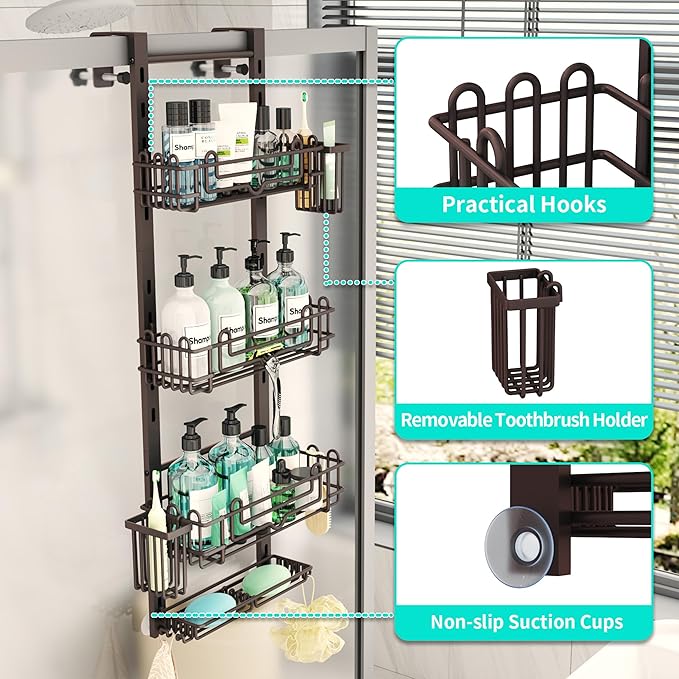 HapiRm 4 Tier Over the Door Shower Caddy, Hanging Shower Caddy with 22 Hooks and 2 Toothbrush Holders, No Drilling Adjustable Hanging Bathroom Organizer - Bronze
