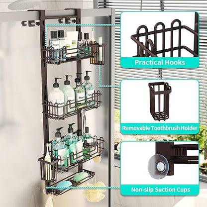 HapiRm 4 Tier Over the Door Shower Caddy, Hanging Shower Caddy with 22 Hooks and 2 Toothbrush Holders, No Drilling Adjustable Hanging Bathroom Organizer - Bronze