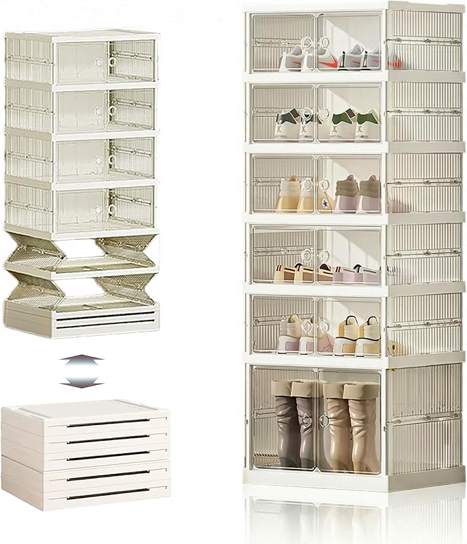 Foldable Shoe Storage Cabinet with Clear Magnetic Doors, 6-Tier No-Assembly Shoe Rack Organizer, Stackable Large Capacity Shoe Box for Entryway, Closet, Fits Boots & Sneakers, (Transparent)