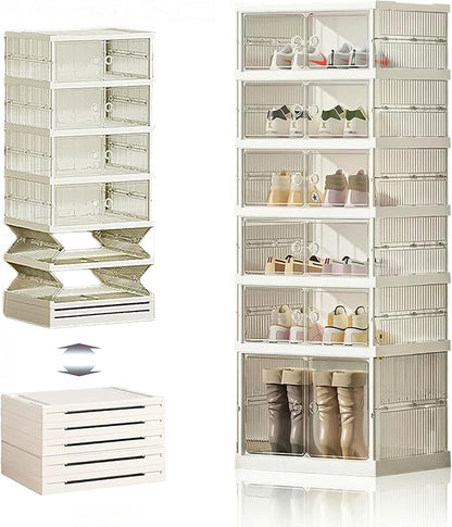 Foldable Shoe Storage Cabinet with Clear Magnetic Doors, 6-Tier No-Assembly Shoe Rack Organizer, Stackable Large Capacity Shoe Box for Entryway, Closet, Fits Boots & Sneakers, (Transparent)