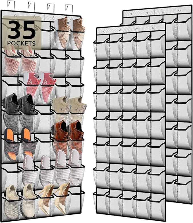 PAULONE 35 Pocket Over the Door Shoe Organizer,Reusable Breathable Large Mesh Bag Men's & Women's Sneaker Organizer,Shoe Organizer for Kids,Hanging Shoe Storage Hanging Bag (2PCS-White)