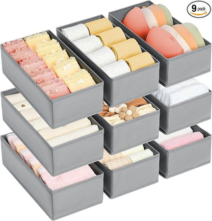 DIMJ Drawer Organizer Clothes - Underwear Organizer Small Sock Organizer Closet Organizers and Storage Box Dresser Drawer Dividers for Baby Clothes,Bra,Socks, Belt, Tie, Set of 9,Grey