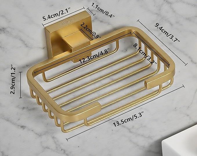 SEIDO Gold Soap Dish for Shower, 304 Stainless Steel Double-Locking Soap Holder, Wall Mount Soap Bar Holder for Shower, Hollowed-Out Drainage, 4.8" L x 3.2" W Internal, for Soap, Sponge, Keys