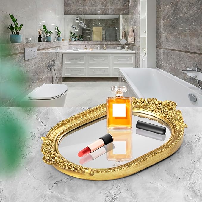 GUOER Vintage Antique Decorative Bathroom Vanity Tray Decor Mirror Tray for Dessert Table Coffee Table Vanity Home Decor Serving Tray with Handle Gold