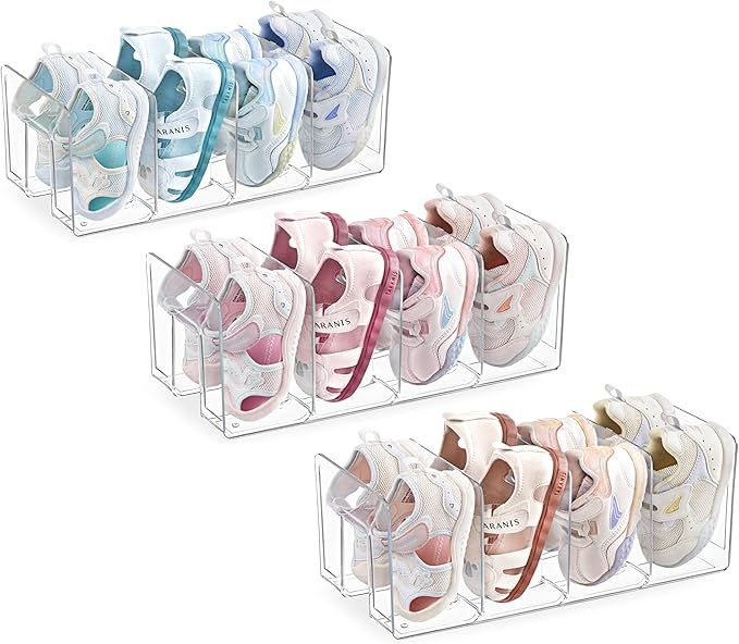 HBlife Clear Acrylic Kids Shoe Rack for Closet Organizers and Storage, Small Shoe Rack 4 Sections Toddler Baby Shoe Storage Organizer Stackable Shoe Shelf,Desk File Sorter Book Purse Organizer(3 Pack)