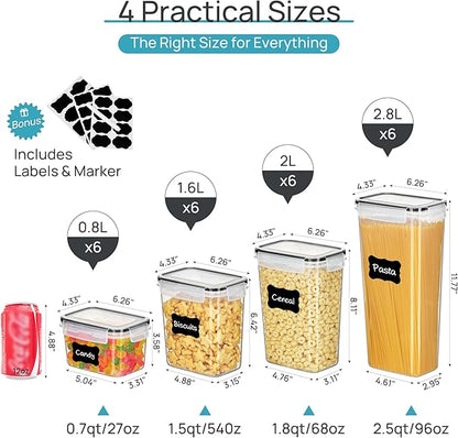 Airtight Food Storage Containers with Lids, Vtopmart 24 pcs Plastic Kitchen and Pantry Organization Canisters for Cereal, Dry Food, Flour and Sugar, BPA Free, Includes 24 Labels，Black