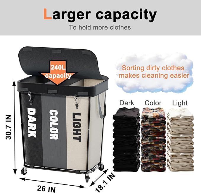Laundry Sorter with Wheels 240L Rolling Laundry Cart,3 Compartment Designed Removable Laundry Bag for Daily Use in Bathrooms and Laundry Rooms (Black, 240L)