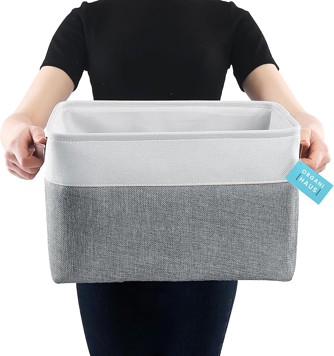 OrganiHaus 16x12.5in Canvas Storage Baskets 3 Pack | EXTRA LARGE Fabric Bins for Shelves | Linen Closet Organizer | Gray/Off-White