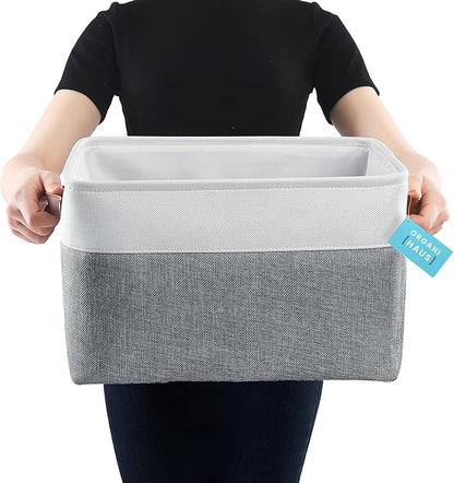 OrganiHaus 16x12.5in Canvas Storage Baskets 3 Pack | EXTRA LARGE Fabric Bins for Shelves | Linen Closet Organizer | Gray/Off-White