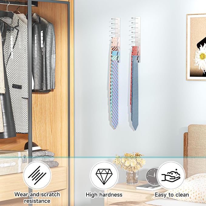 Tie Rack Wall Mounted, Tie Holder Organizer, Closet Ties Organizer Stainless Steels, Adhesive Ties Racks for Men With 20 Hooks, Hanger Storage for Wall Bedroom Living Room Dresser Room (Sliver)