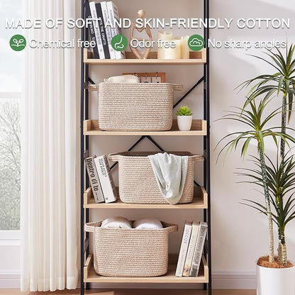 OIAHOMY Woven Storage Basket for Shelves, Rectangle Cotton Rope Baskets for Organizing, 13 x 10 x 9 in, Storage Bins for Dog Toys,Towel,Books,Gift,Brown