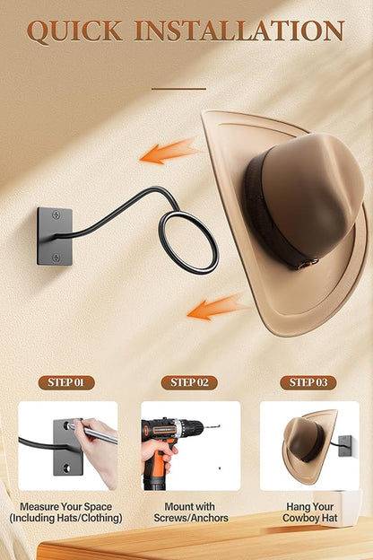 Cinati Cowboy Hat Rack for Wall, 8 Pack Cowboy Hat Holder Wall Mount, Western Rustic Metal Hats Hooks for Western-Hat, Fedora, Sun Hats,Wide Brim